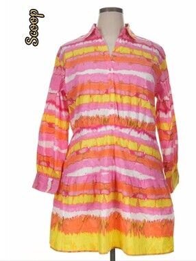 Scoop striped pink & yellow button long sleeve button drop waist shirt dress